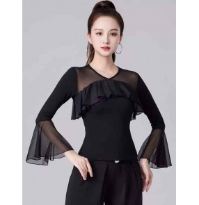 Women black ruffles ballroom latin dance shirts flamenco salsa rumba chacha tango waltz practice dancing t shirt blouses for lady